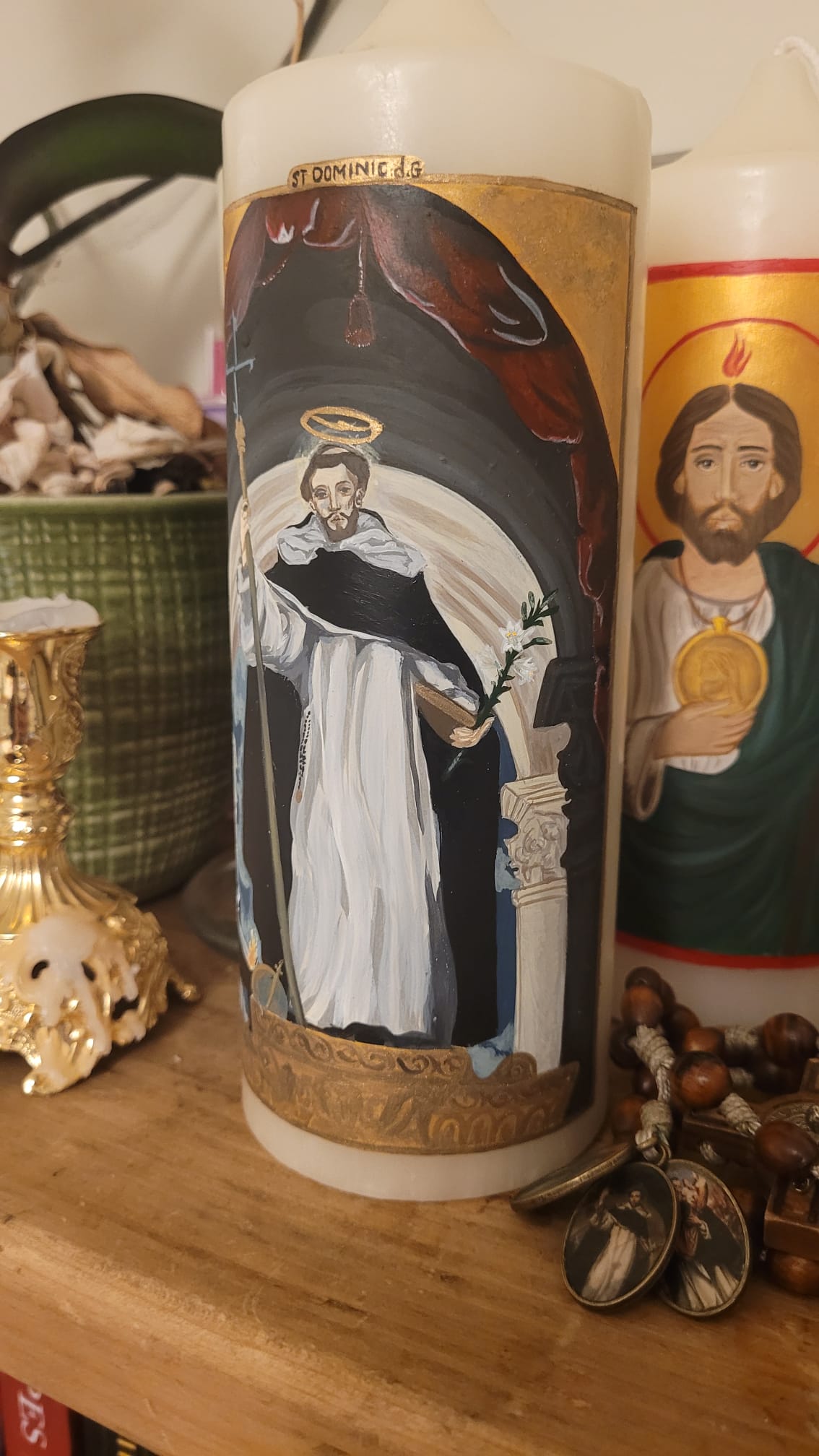 Handpainted Pillar candle of St Dominic
