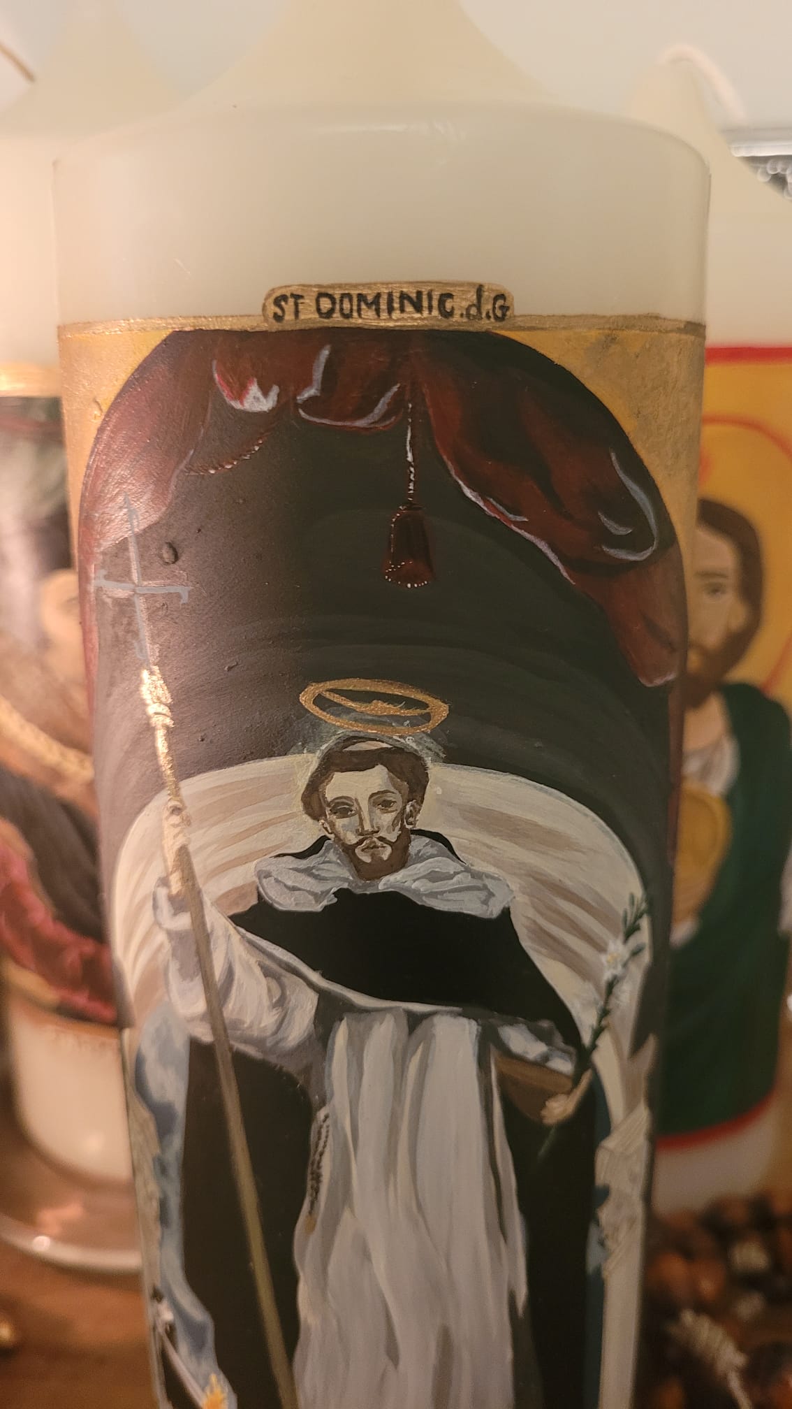 Handpainted Pillar candle of St Dominic