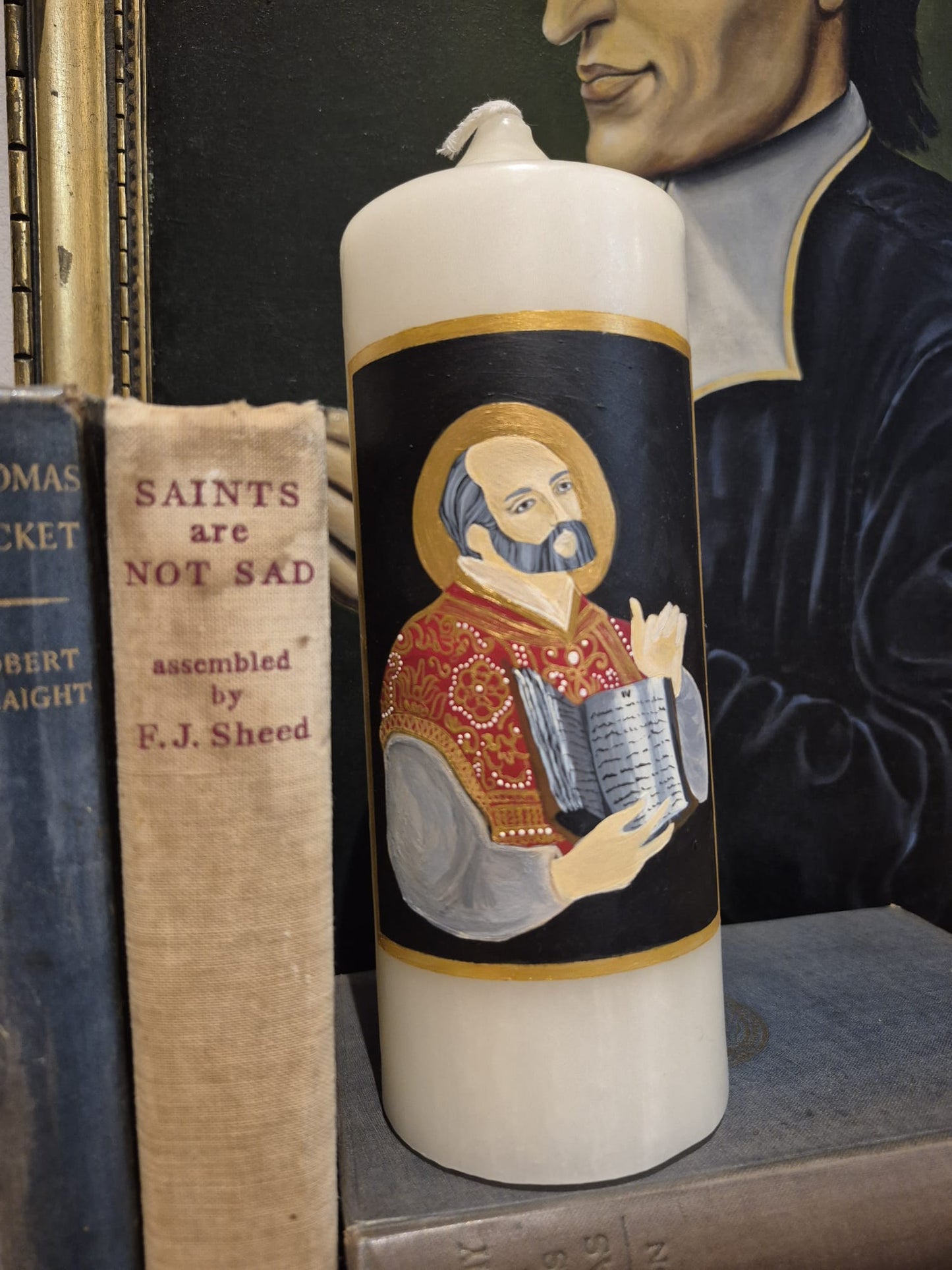 Hand-painted candle of St Ignatius of Loyola
