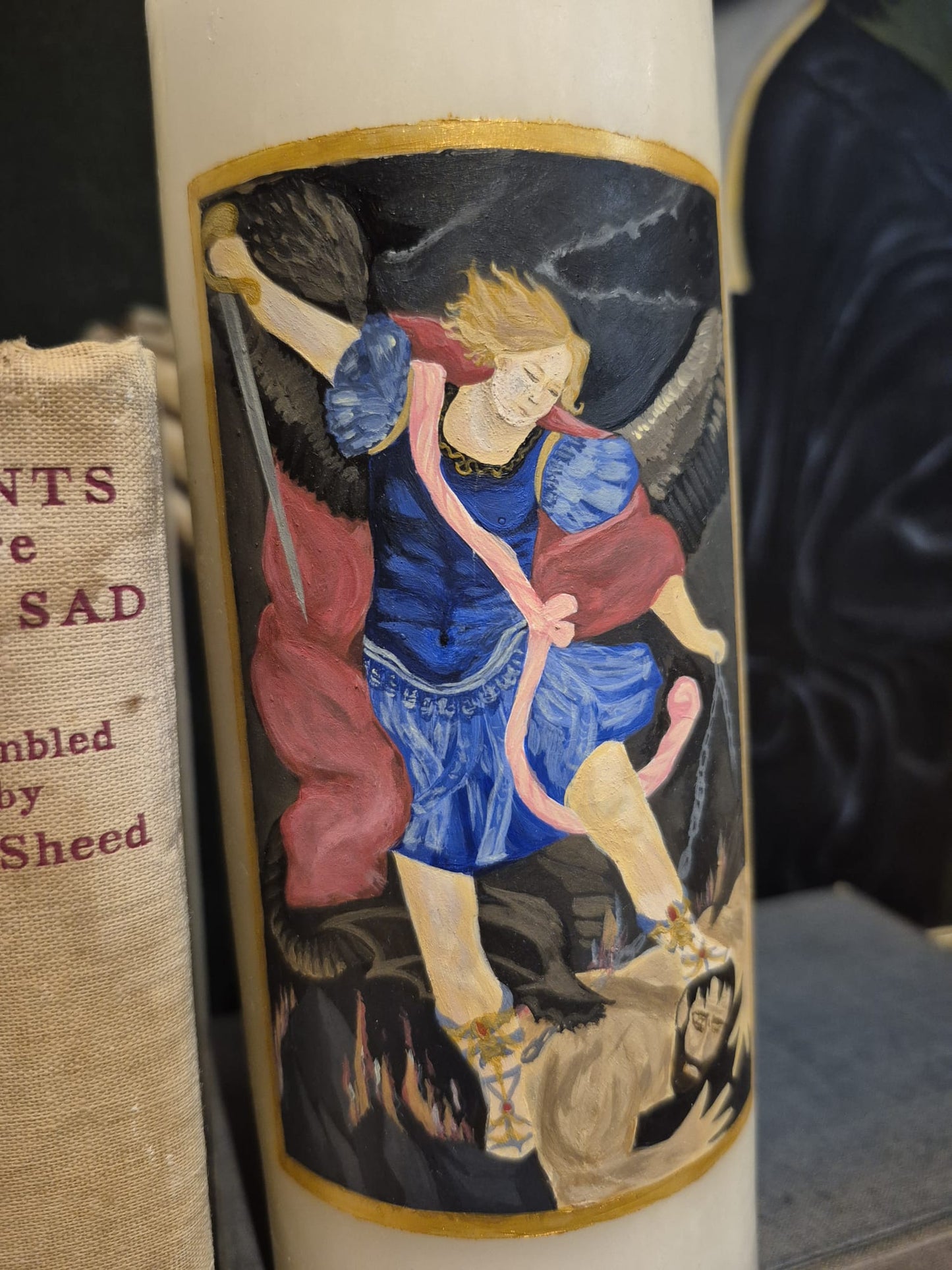 Hand-painted candle of St Michael the Archangel