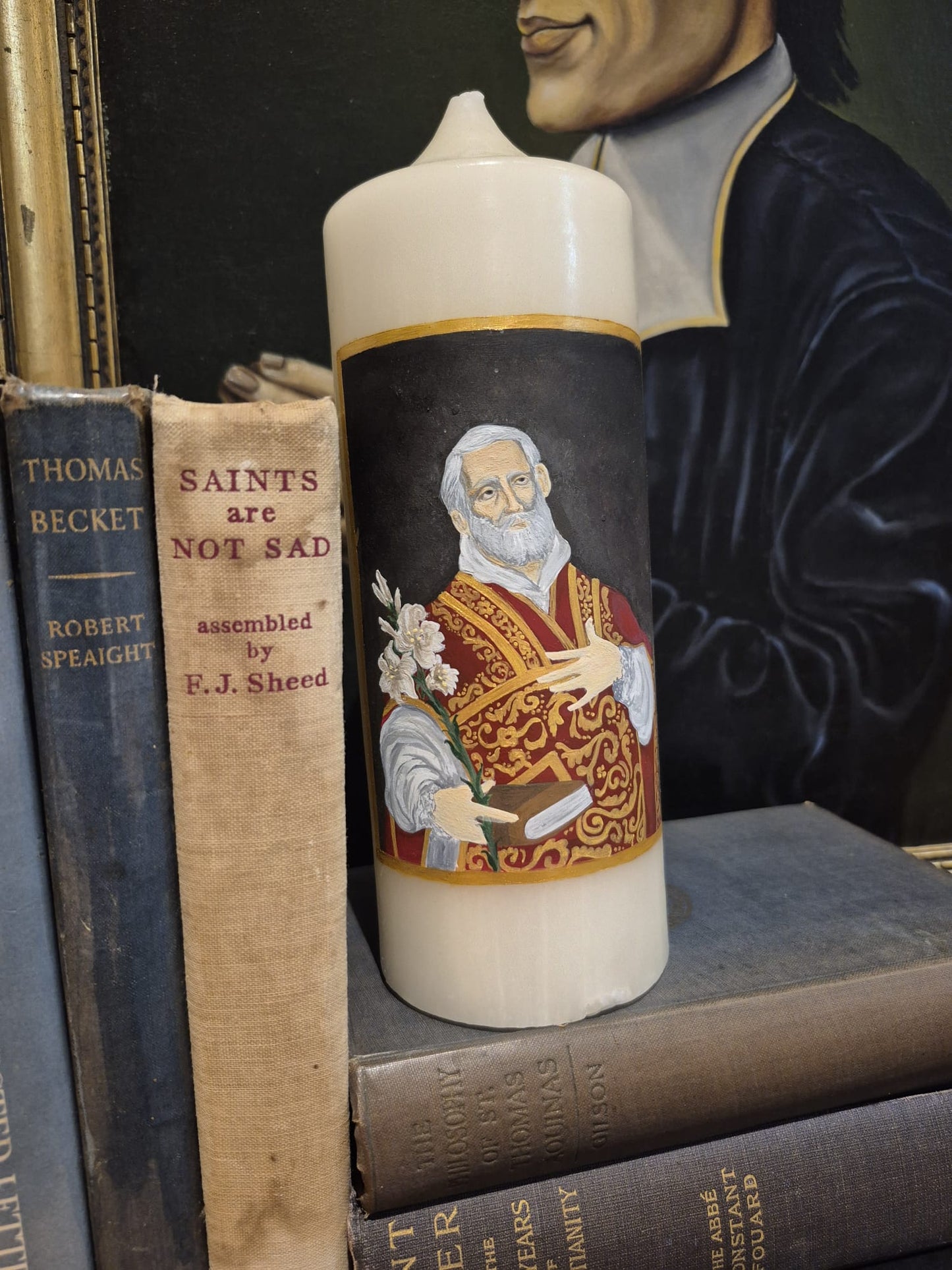 Hand-painted candle of St Philip Neri