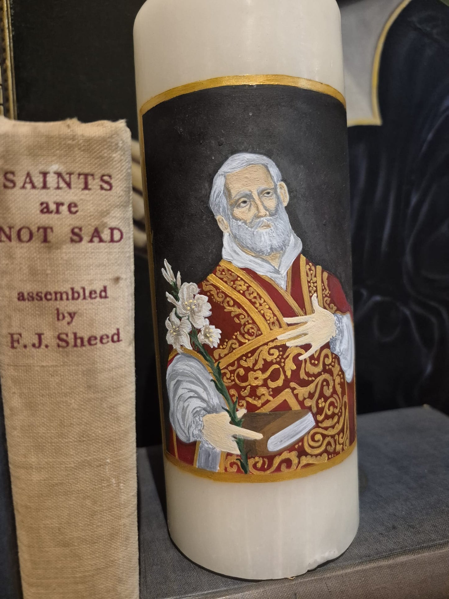Hand-painted candle of St Philip Neri