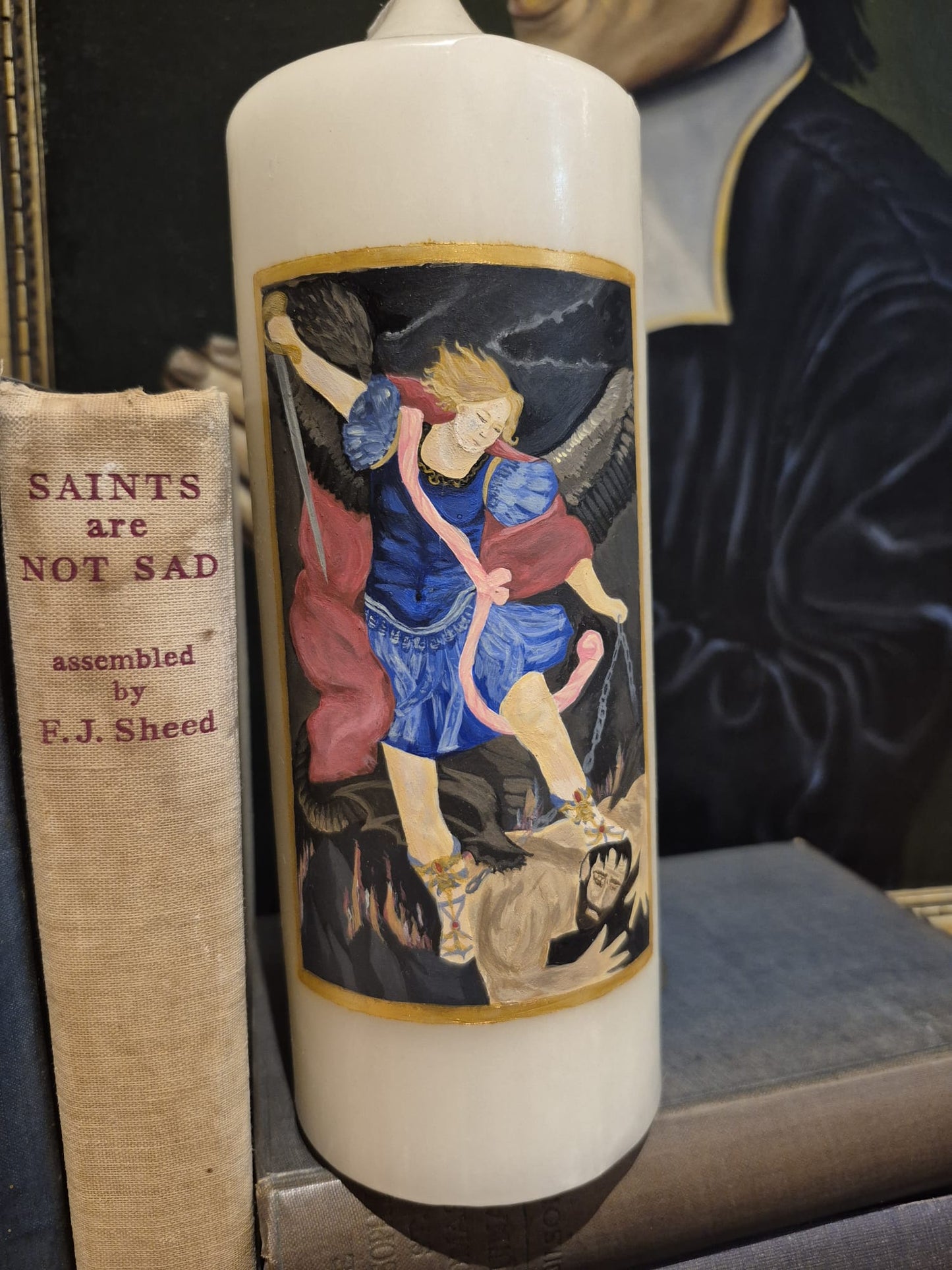 Hand-painted candle of St Michael the Archangel