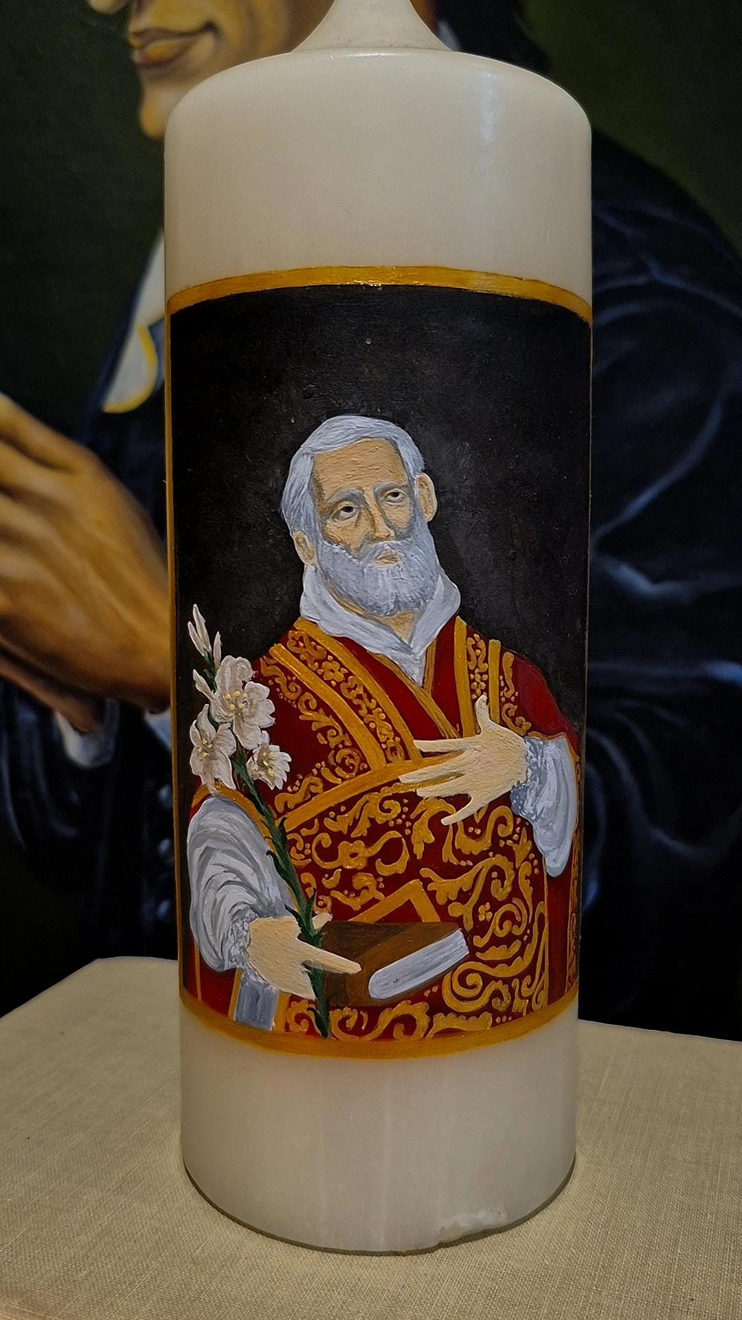 Hand-painted candle of St Philip Neri