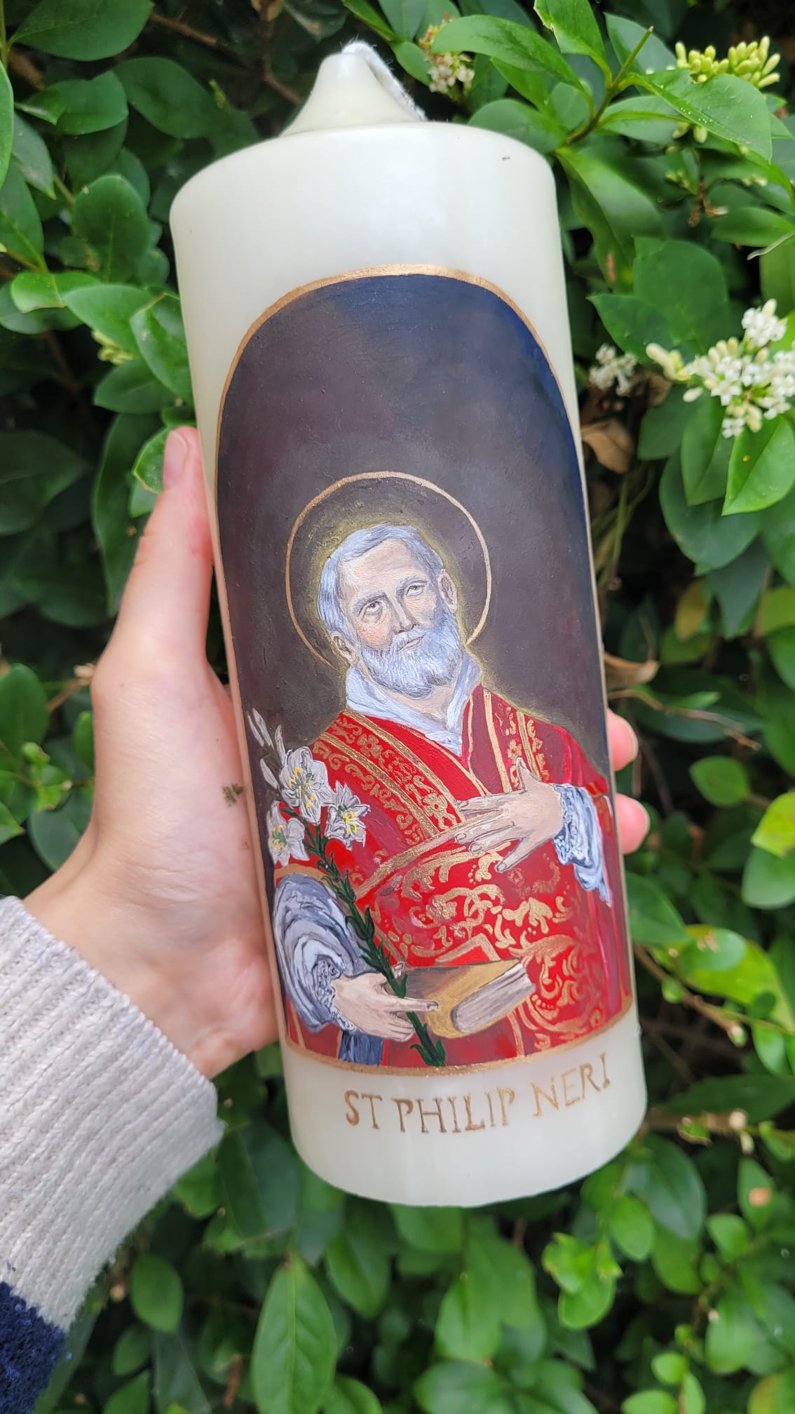 Hand-painted candle of St Philip Neri