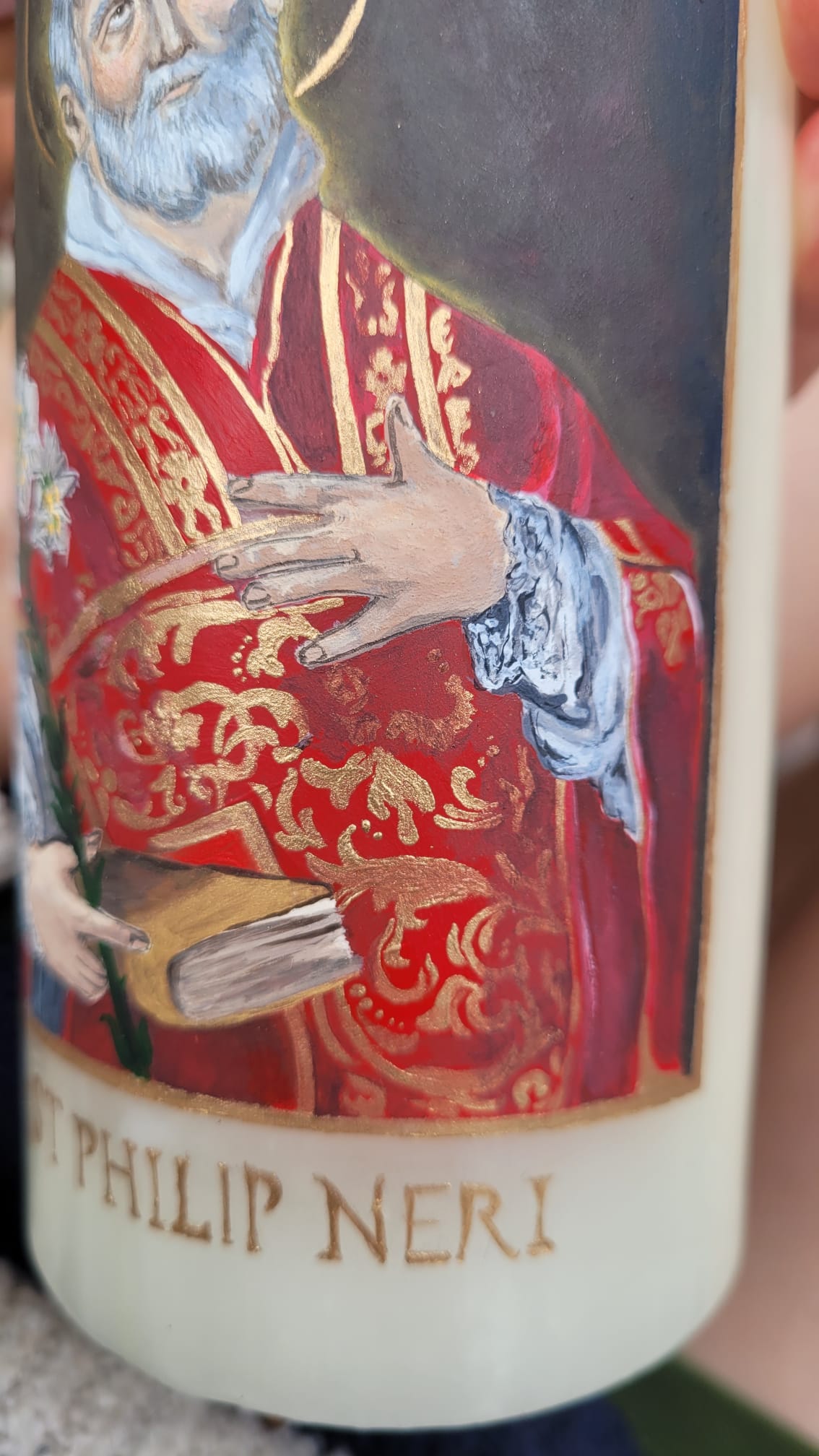 Hand-painted candle of St Philip Neri