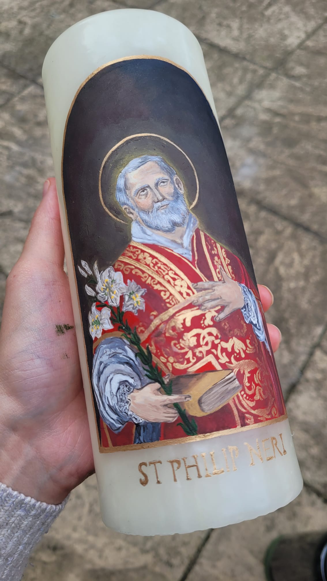 Hand-painted candle of St Philip Neri