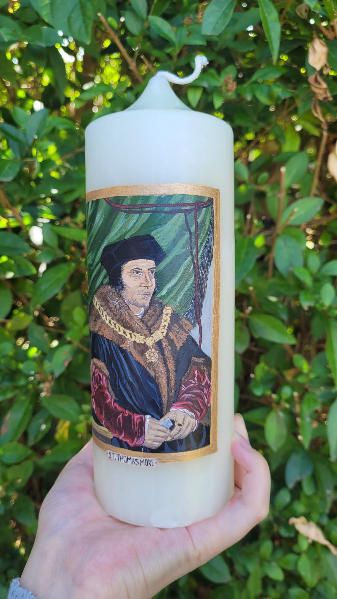 Hand-painted candle of St Thomas More