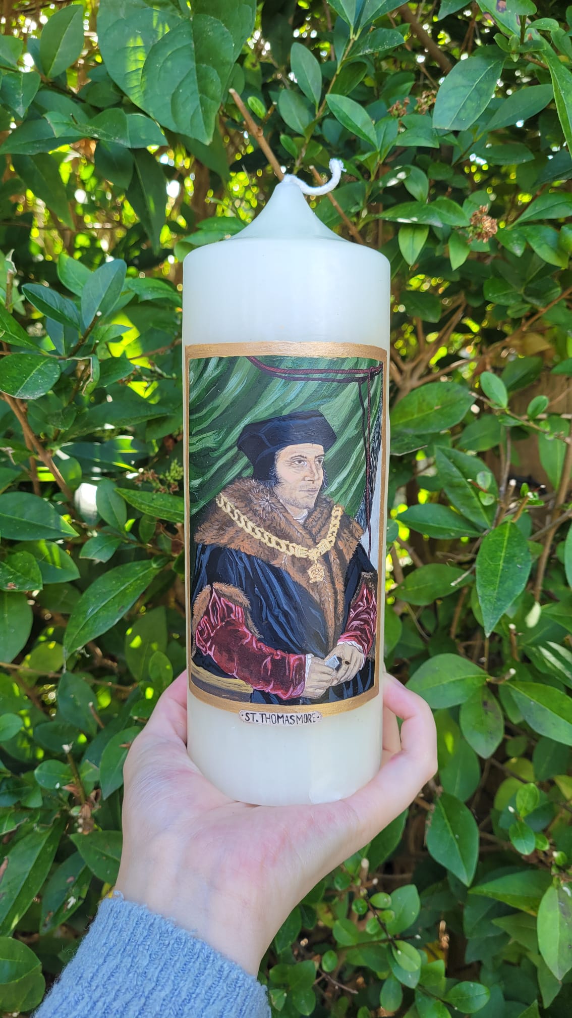 Hand-painted candle of St Thomas More