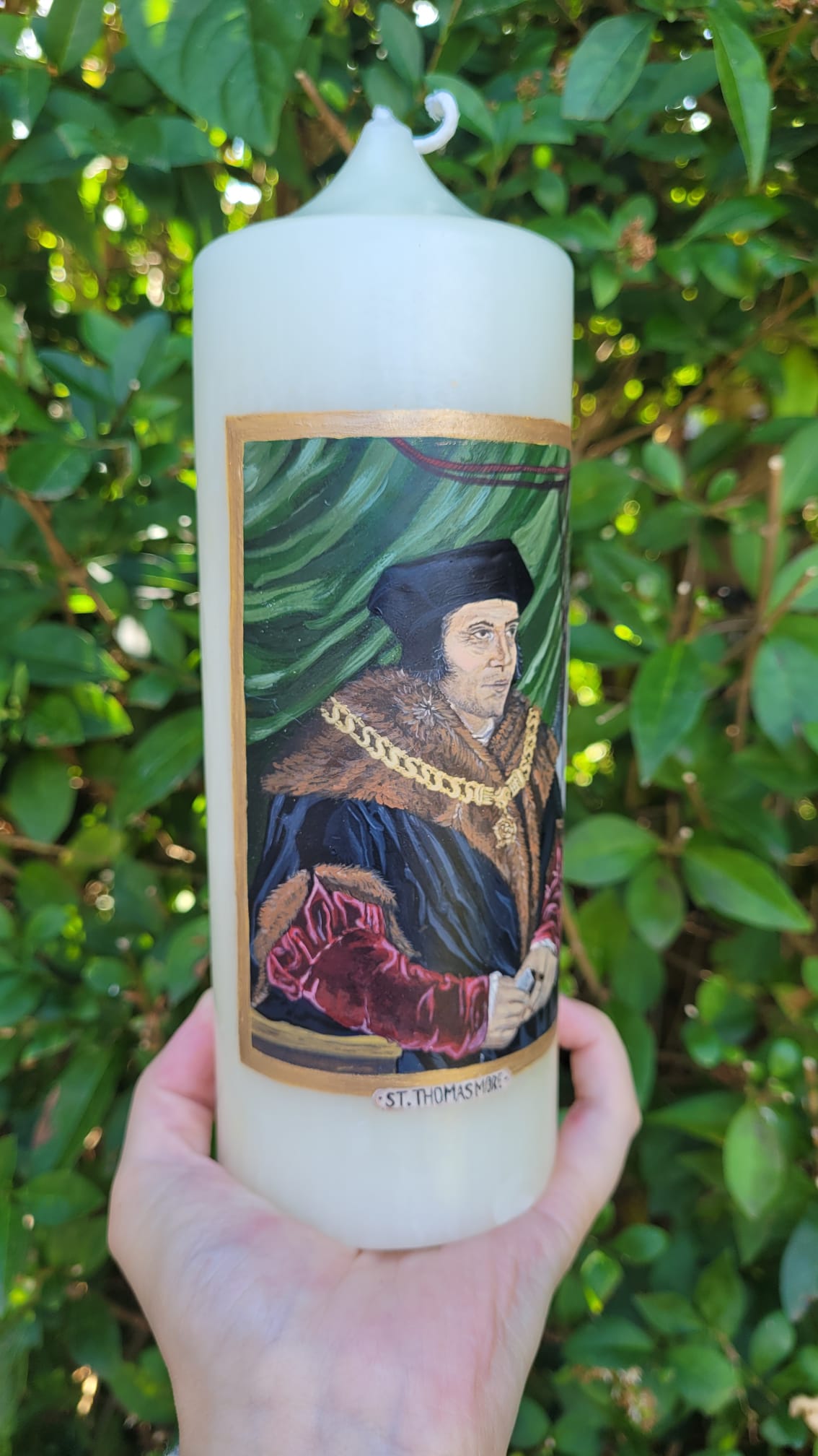 Hand-painted candle of St Thomas More