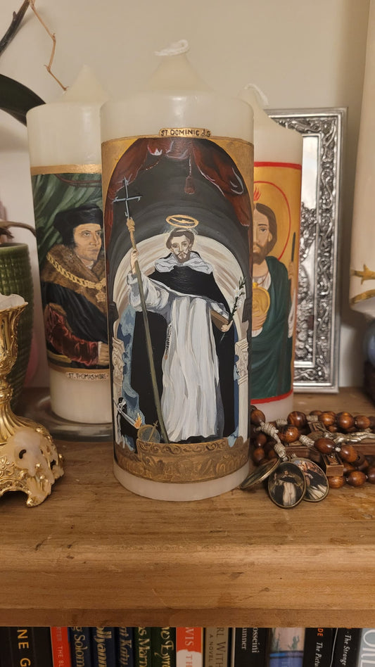 Handpainted Pillar candle of St Dominic