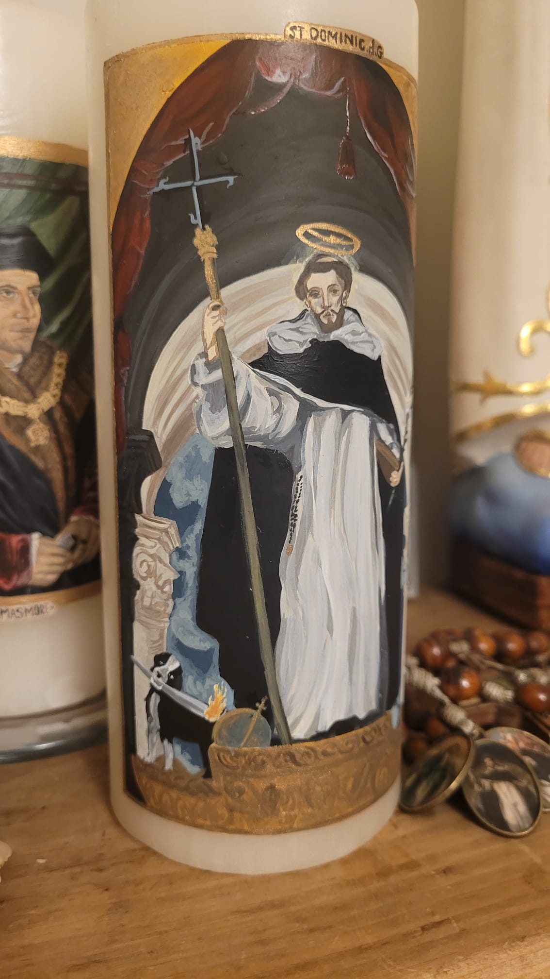 Handpainted Pillar candle of St Dominic