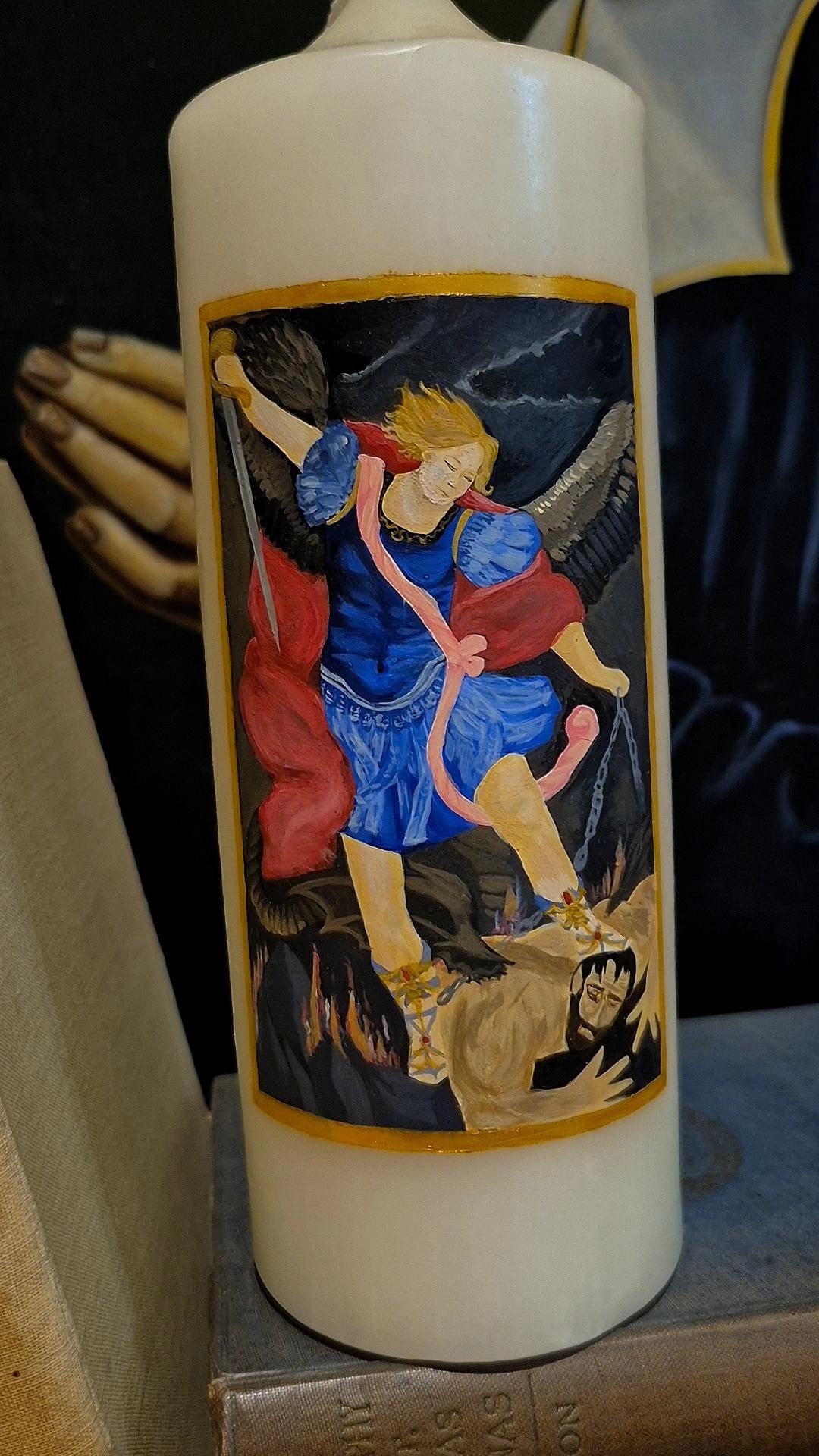 Hand-painted candle of St Michael the Archangel