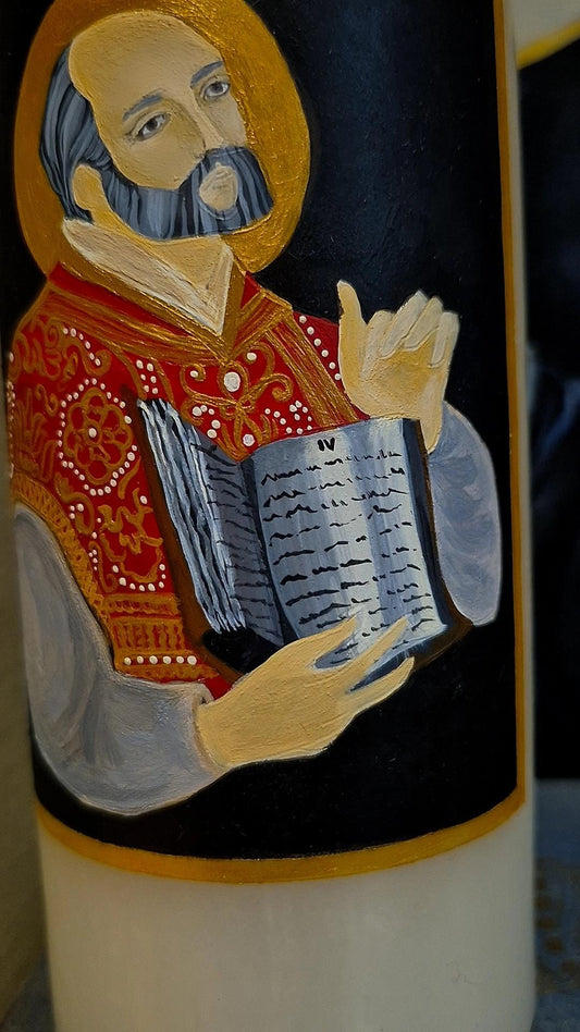 Hand-painted candle of St Ignatius of Loyola