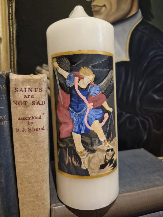 Hand-painted candle of St Michael the Archangel