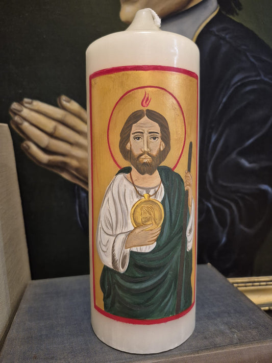 Hand-painted candle of St Jude the Apostle